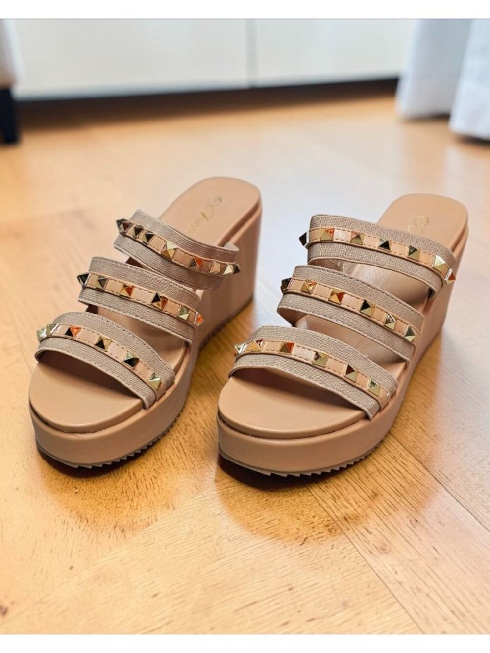 Studded Strap Nude Wedge Sandals For Women - Stylish Slip-On Platform Design Wit - Picture 11 of 12